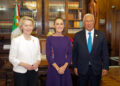La présidente de la Commission européenne Ursula von der Leyen, Claudia Sheinbaum, la présidente du Mexique et le président du Conseil européen António Costa. © Dati Bendo / Union européenne